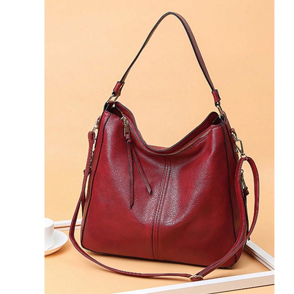 Luxe Red Vegan Leather Zip up Large Shoulder Crossbody Hand Bag